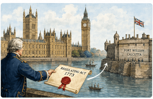 British officer presenting the Regulating Act 1773 from Parliament toward Fort William at Calcutta