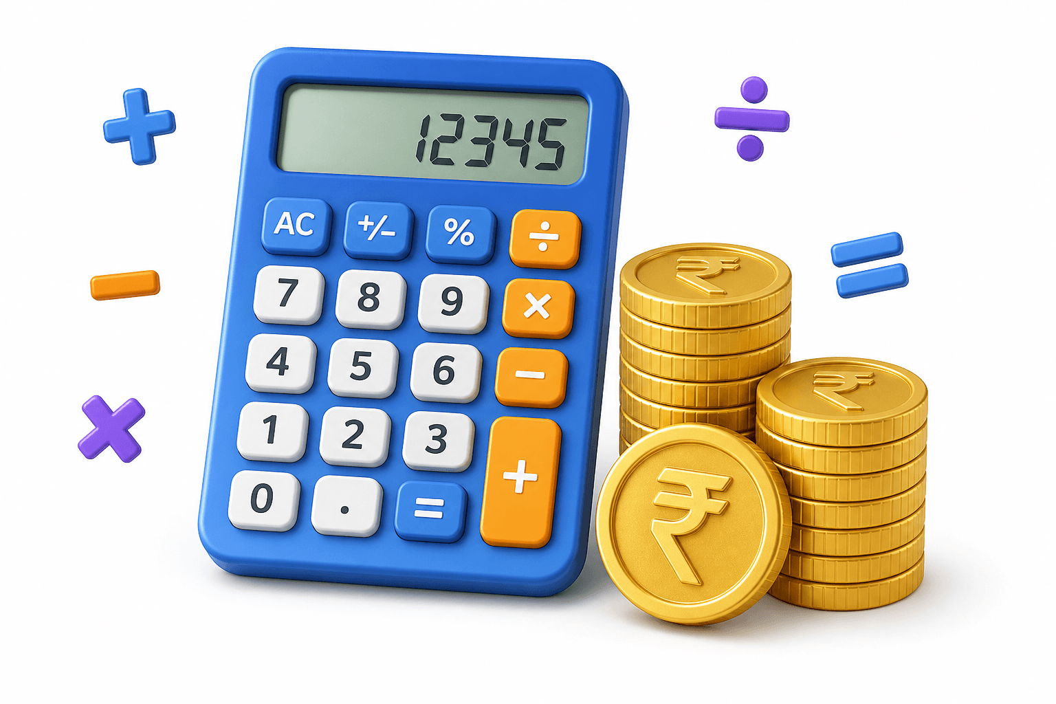 Arithmetic calculator and coins illustration